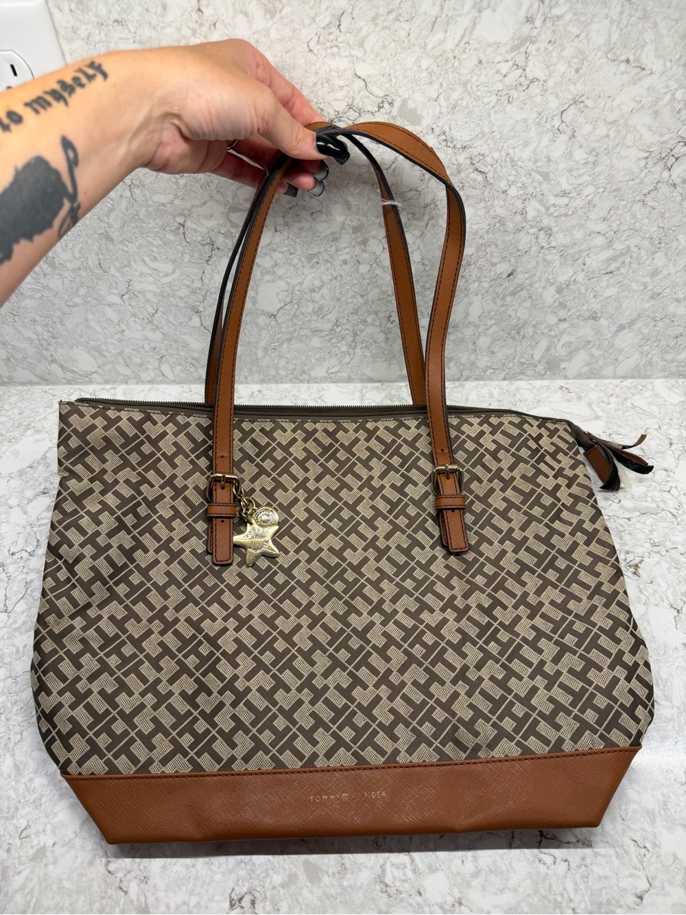 Tommy Hilfiger Brown Patterned Tote with Tan Trim